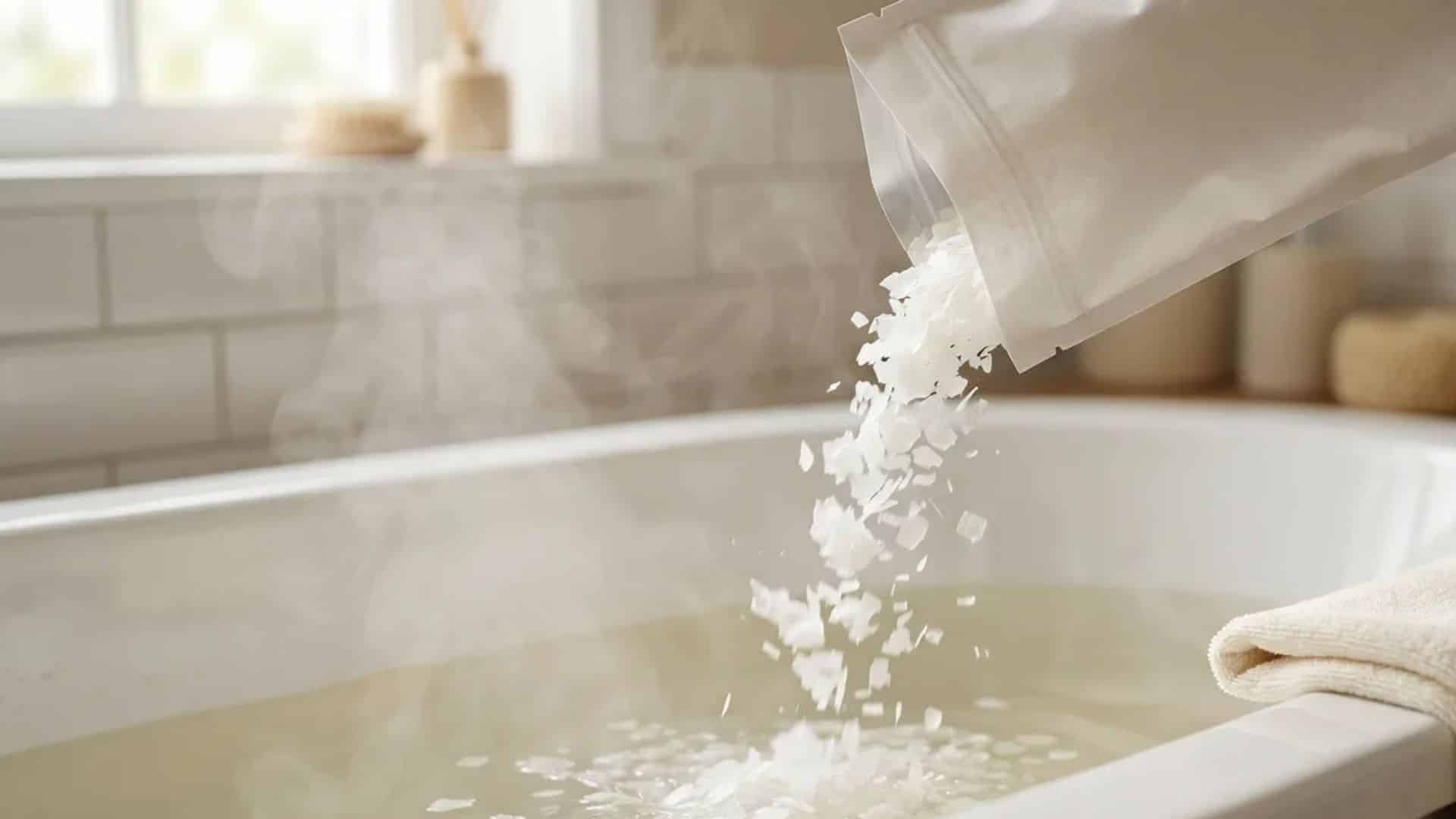 magnesium flakes pouring from packet into a steaming bathtub with towel in a cozy bathroom setting