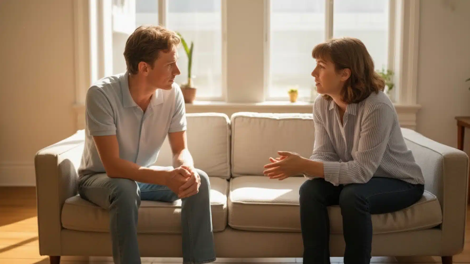 man and woman sitting on sofa having serious conversation in sunlit living room with large windows and indoor plants