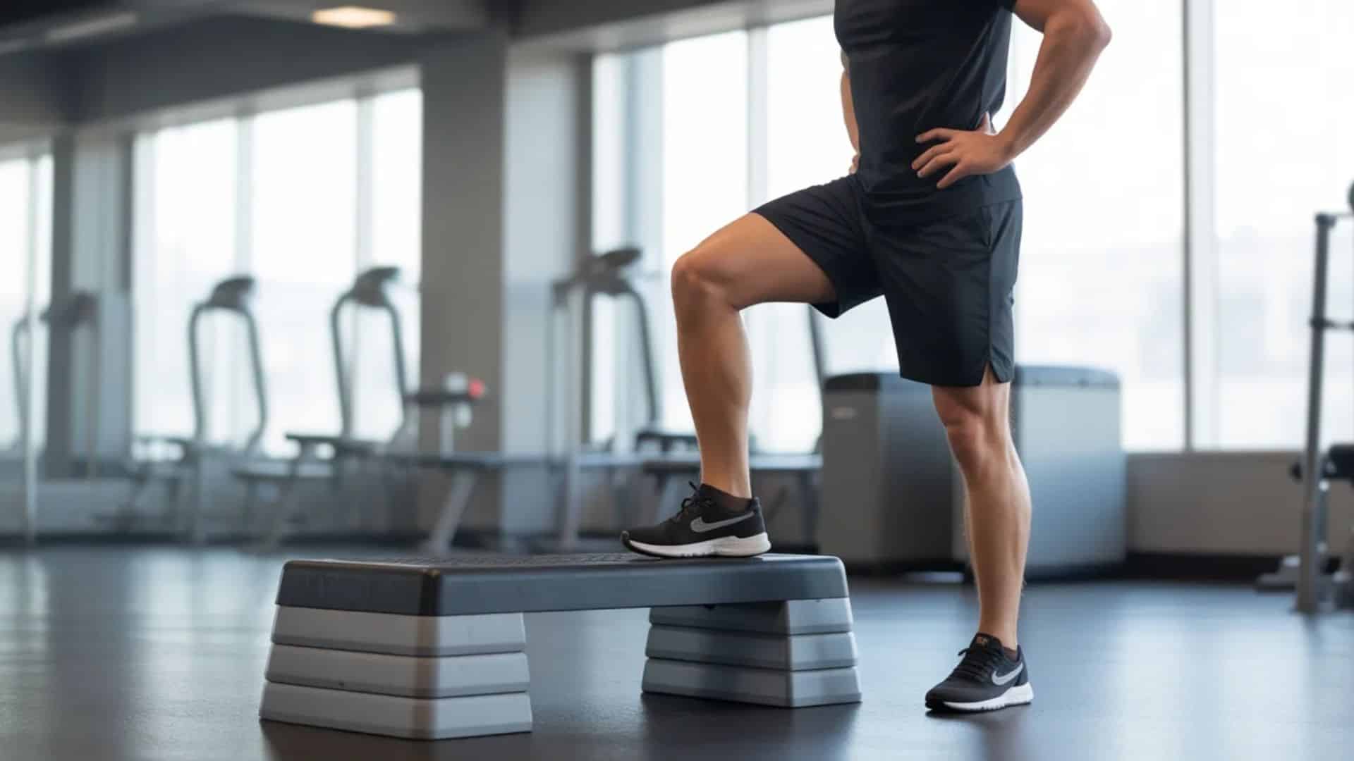 man standing with one foot on a step platform in a gym, hands on hips, preparing for a hip drop exercise