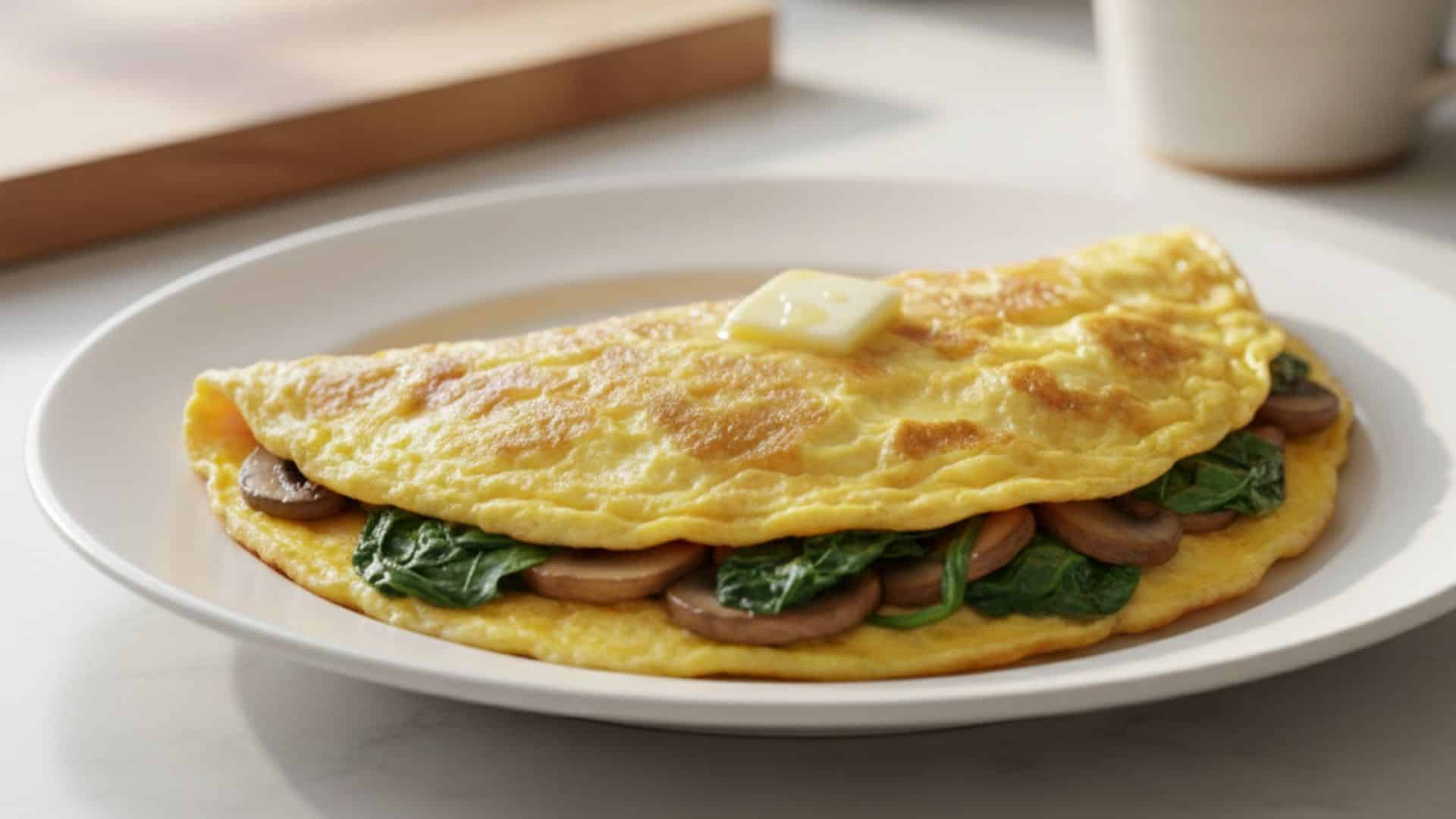 mushroom and spinach omelet folded on a white plate with sautéed mushrooms, fresh spinach, and a small pat of butter on top
