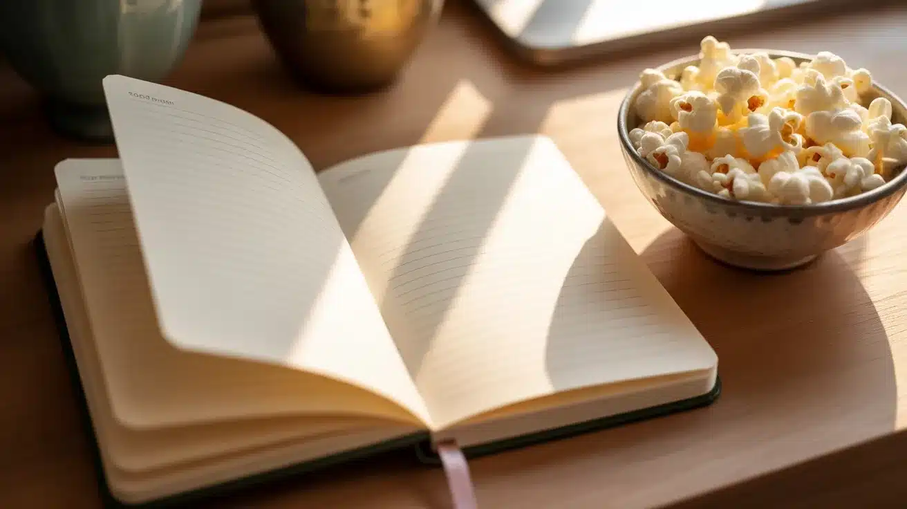 open blank notebook on wooden desk beside bowl of popcorn, warm sunlight casting shadows across pages in cozy setting