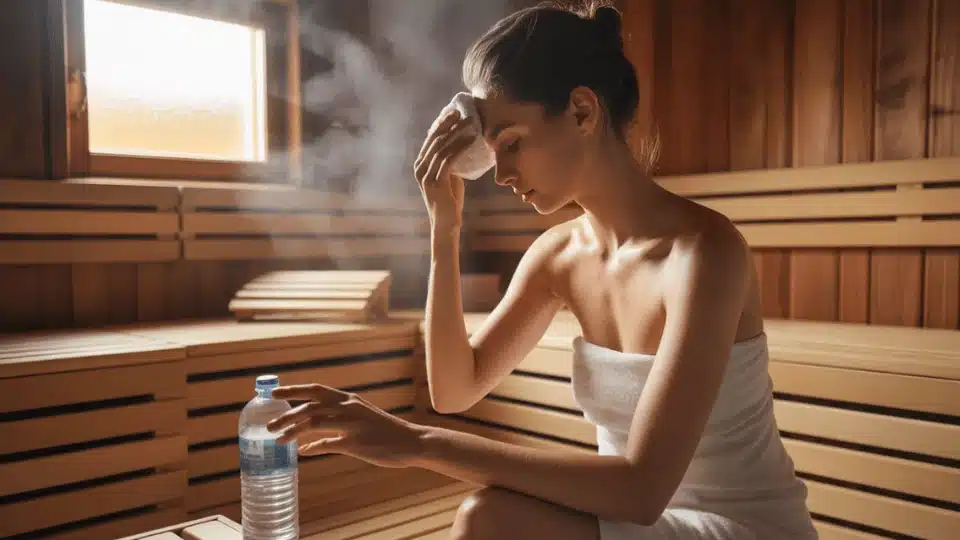 person in wooden sauna wiping sweat with water bottle nearby, highlighting caution and safe sauna use