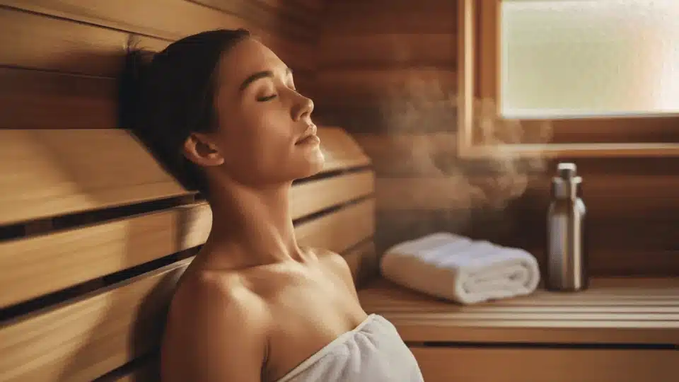 person relaxing inside warm wooden sauna with soft steam, natural light, and calm wellness atmosphere
