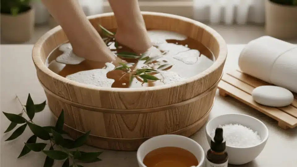 person soaking feet in a wooden bowl with herbal water, leaves, essential oil, and bath salt in a calm home spa setting