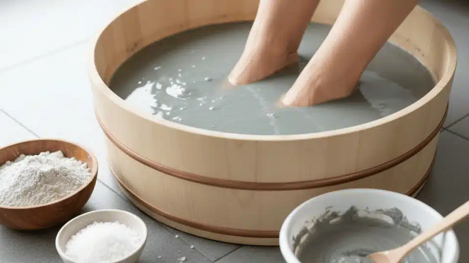 person soaking feet in a wooden tub with bentonite clay water, bowls of salt and clay mask nearby on tile floor