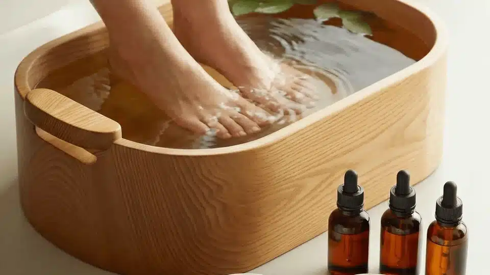 person soaking feet in wooden tub with herbs, salt, and essential oils for a relaxing home foot soak