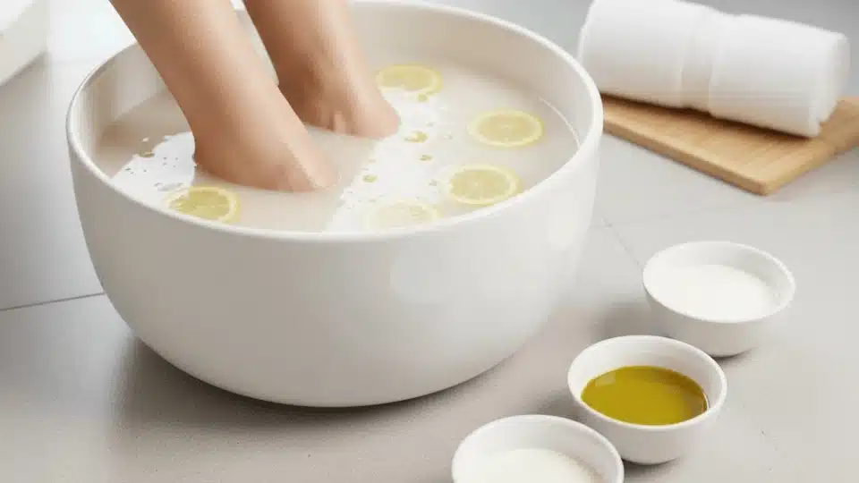 person soaking feet in wooden tub with lemon slices, olive oil and milk for a natural home foot soak