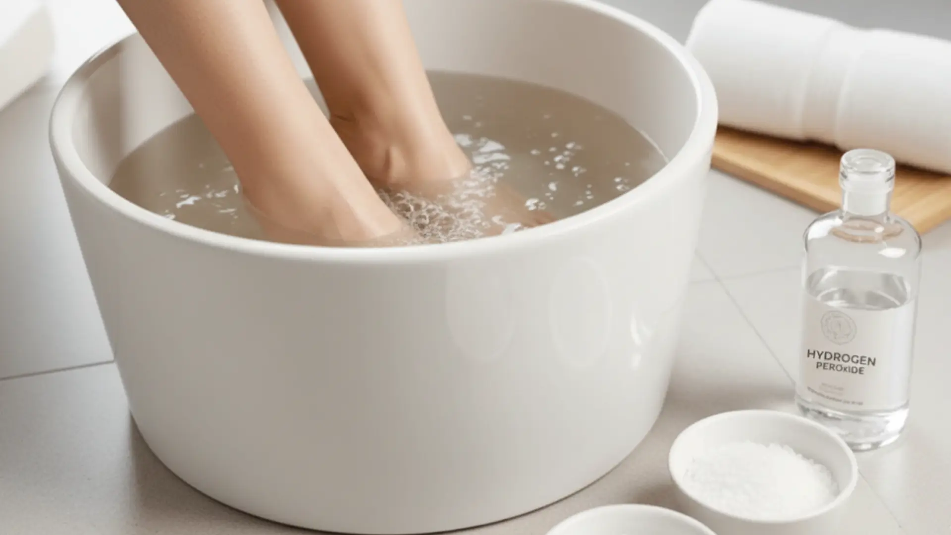 person's feet soaking in a sleek, white ceramic basin filled with warm water, surrounded by spa salts and towels