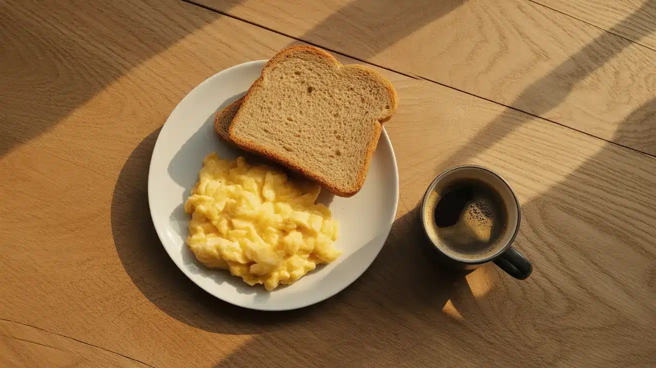 plate with scrambled eggs, two slices of toast, and black coffee on wooden table in warm sunlight morning