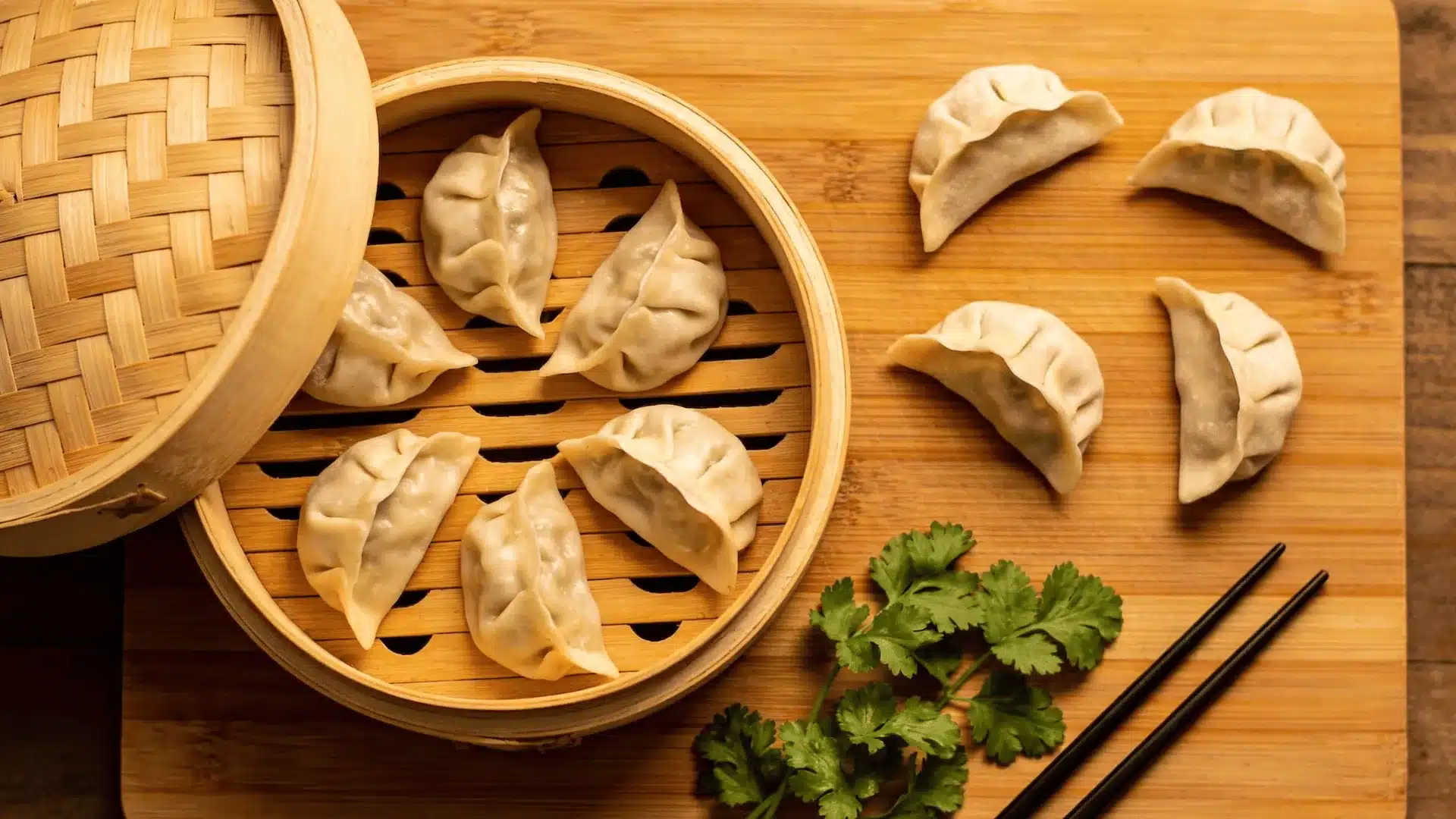 seven steamed dumplings, arranged in a circular pattern on a wooden cutting board