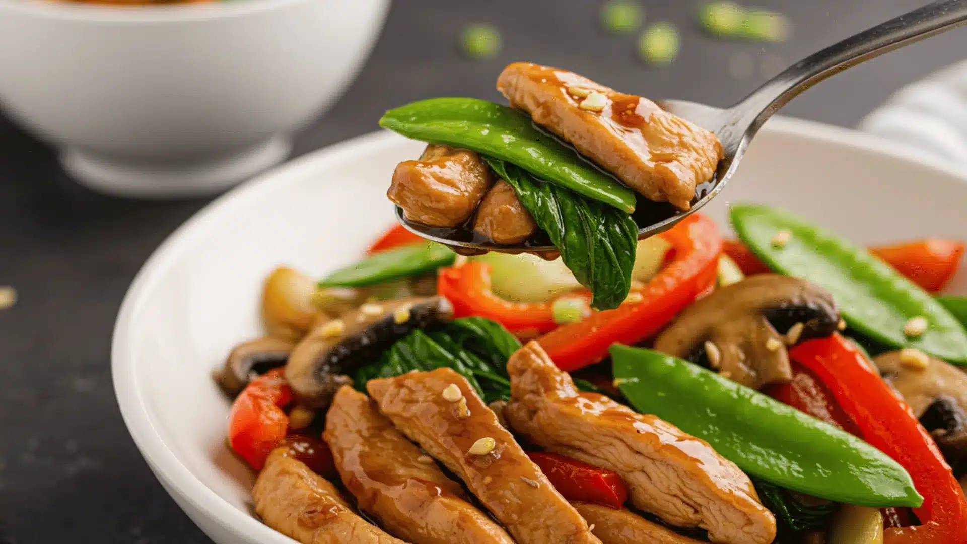stir-fry contains sliced chicken, bok choy, red bell peppers, snow peas, and mushrooms in a dark, glossy sauce
