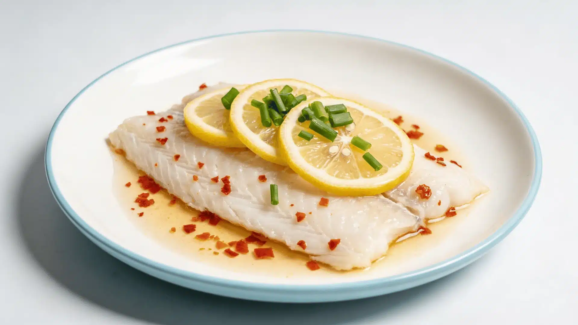 top-down shot shows a white plate with a light blue rim, filled with a meal