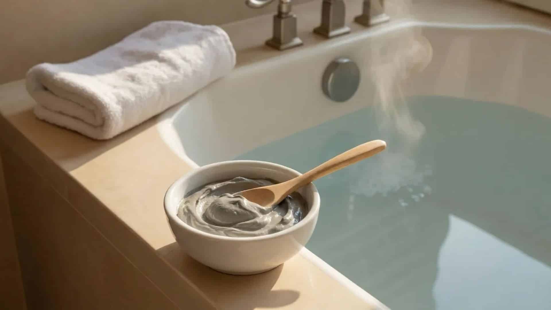 white bowl of bentonite clay with wooden spoon on tub edge beside steaming bathwater and folded towel