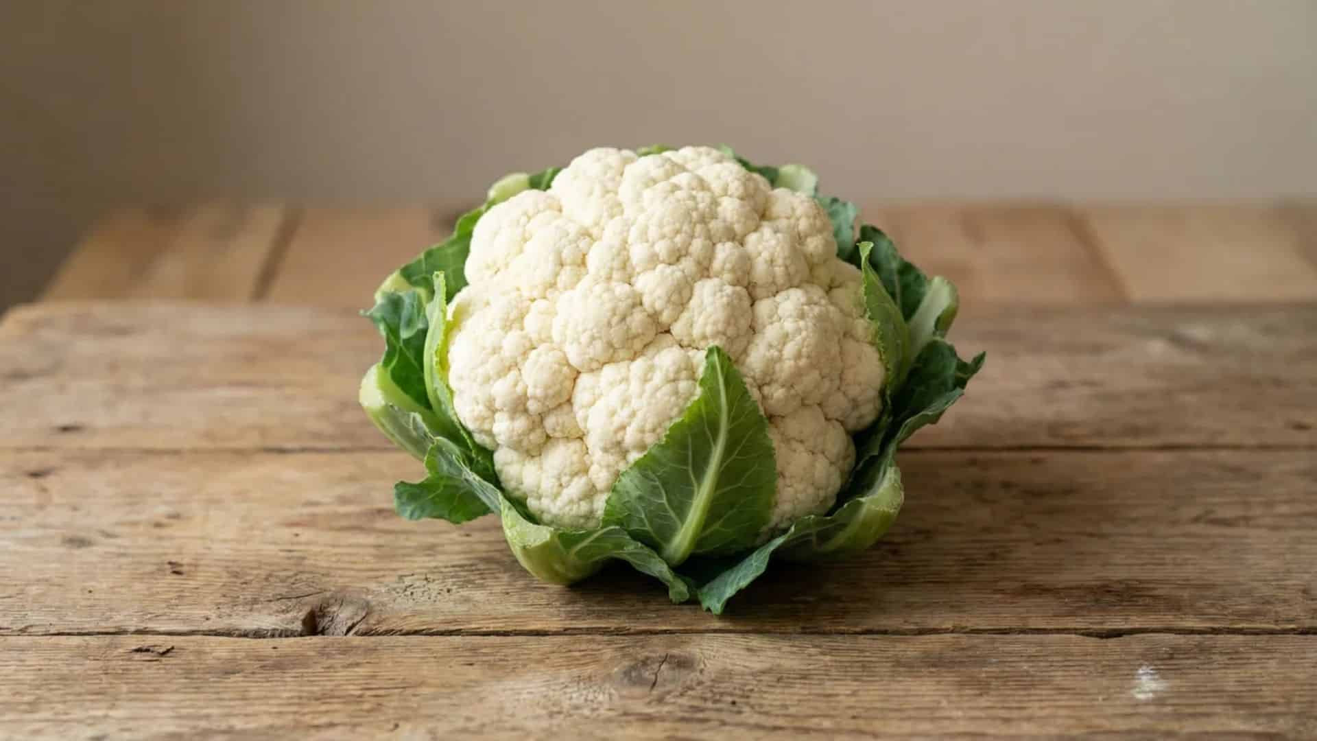 whole raw cauliflower head with green leaves placed on a rustic wooden table in soft natural light