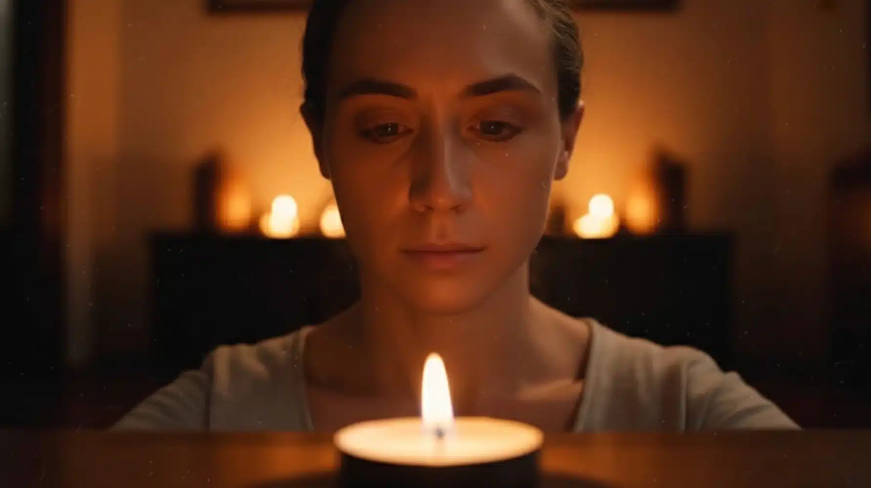 woman gazing at candle flame in dim room, practicing focused meditation with soft warm light and calm expression indoors