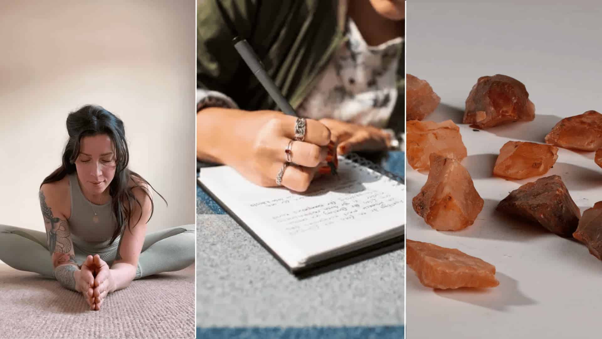 woman in butterfly yoga pose, hand journaling in notebook, and raw carnelian crystals on white surface