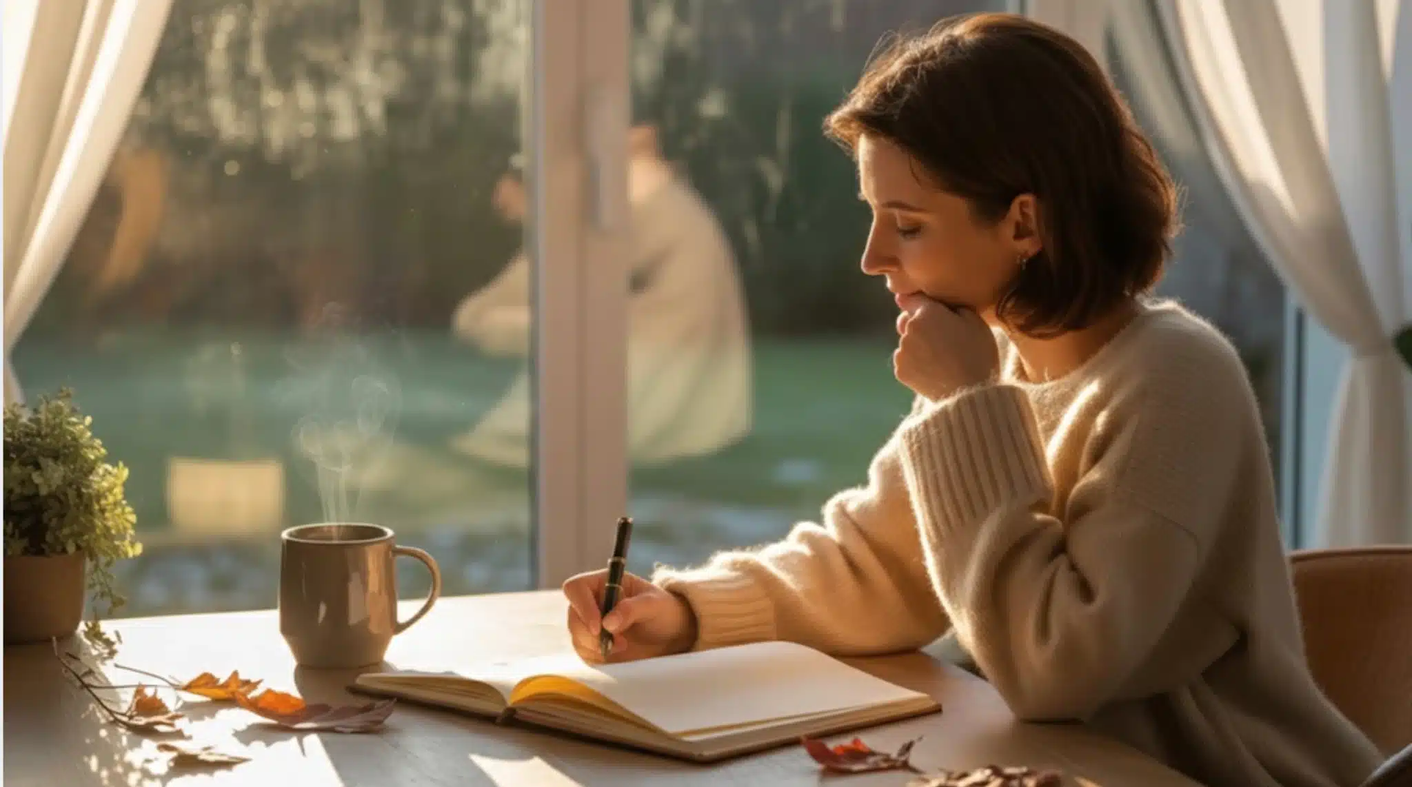 woman journaling by window with steaming mug on table, autumn leaves nearby, soft evening light