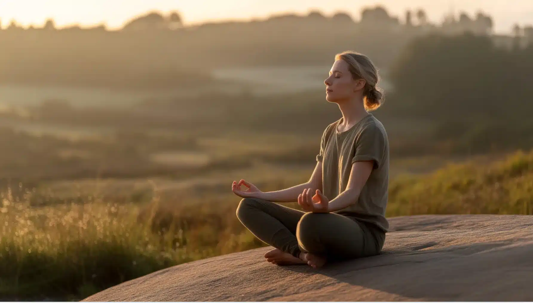 woman meditating outdoors at sunrise on hillside, sitting cross-legged with eyes closed and hands resting on knees