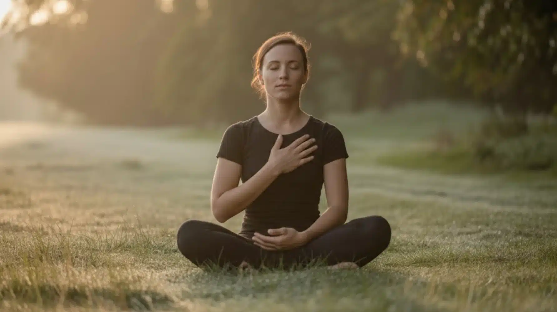 woman meditating outdoors on grass at sunrise, eyes closed, one hand on chest practicing calm mindful breathing exercise