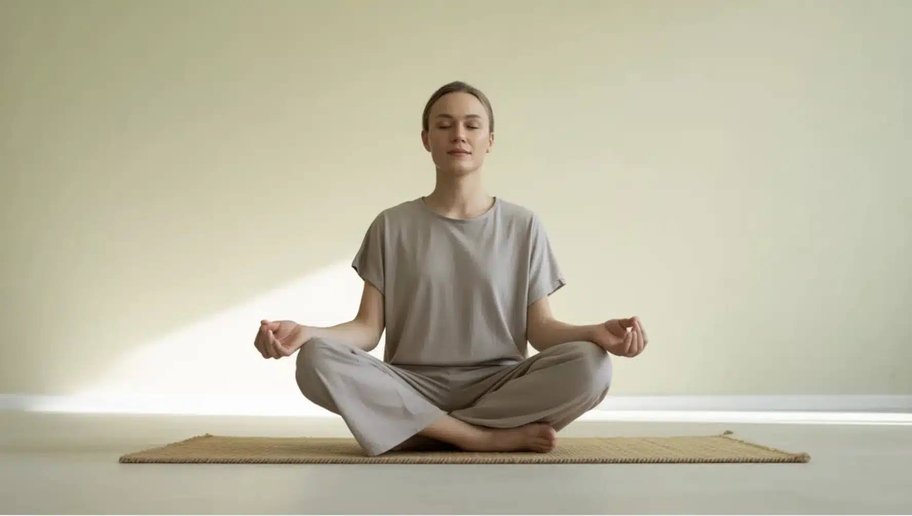 woman sitting cross-legged meditating on mat, eyes closed, hands resting on knees in calm minimal indoor setting