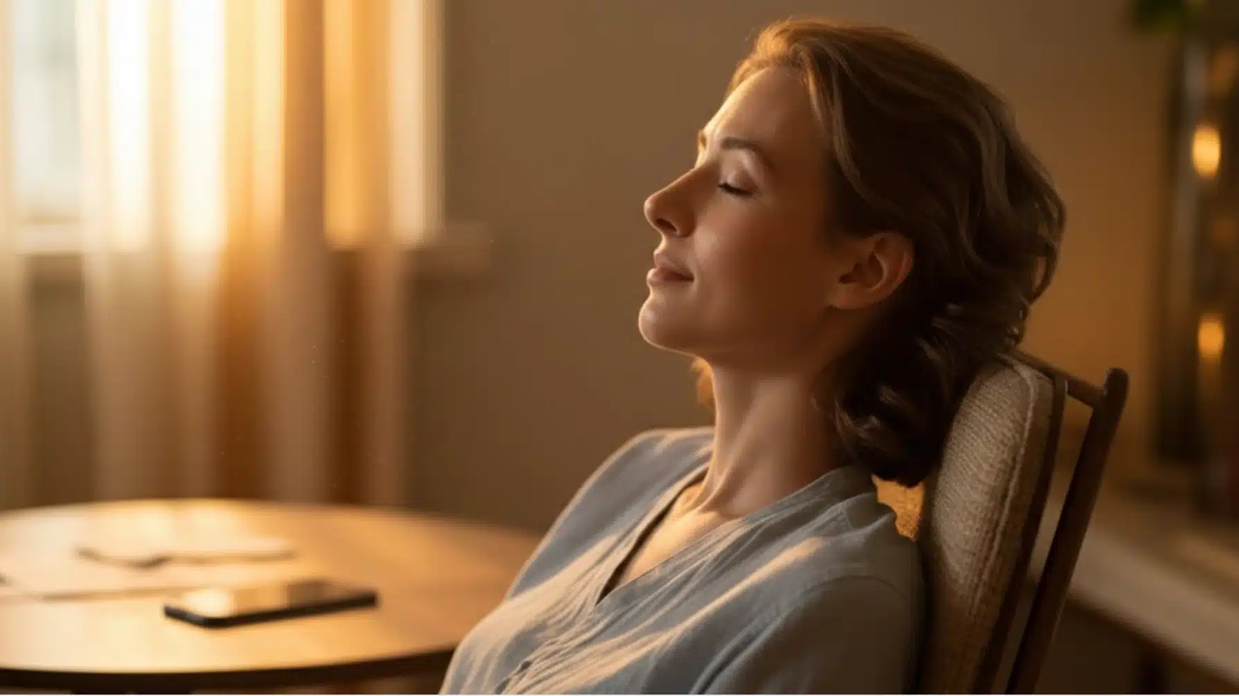 woman sitting indoors with eyes closed, leaning back in chair, practicing calm breathing in warm evening light setting