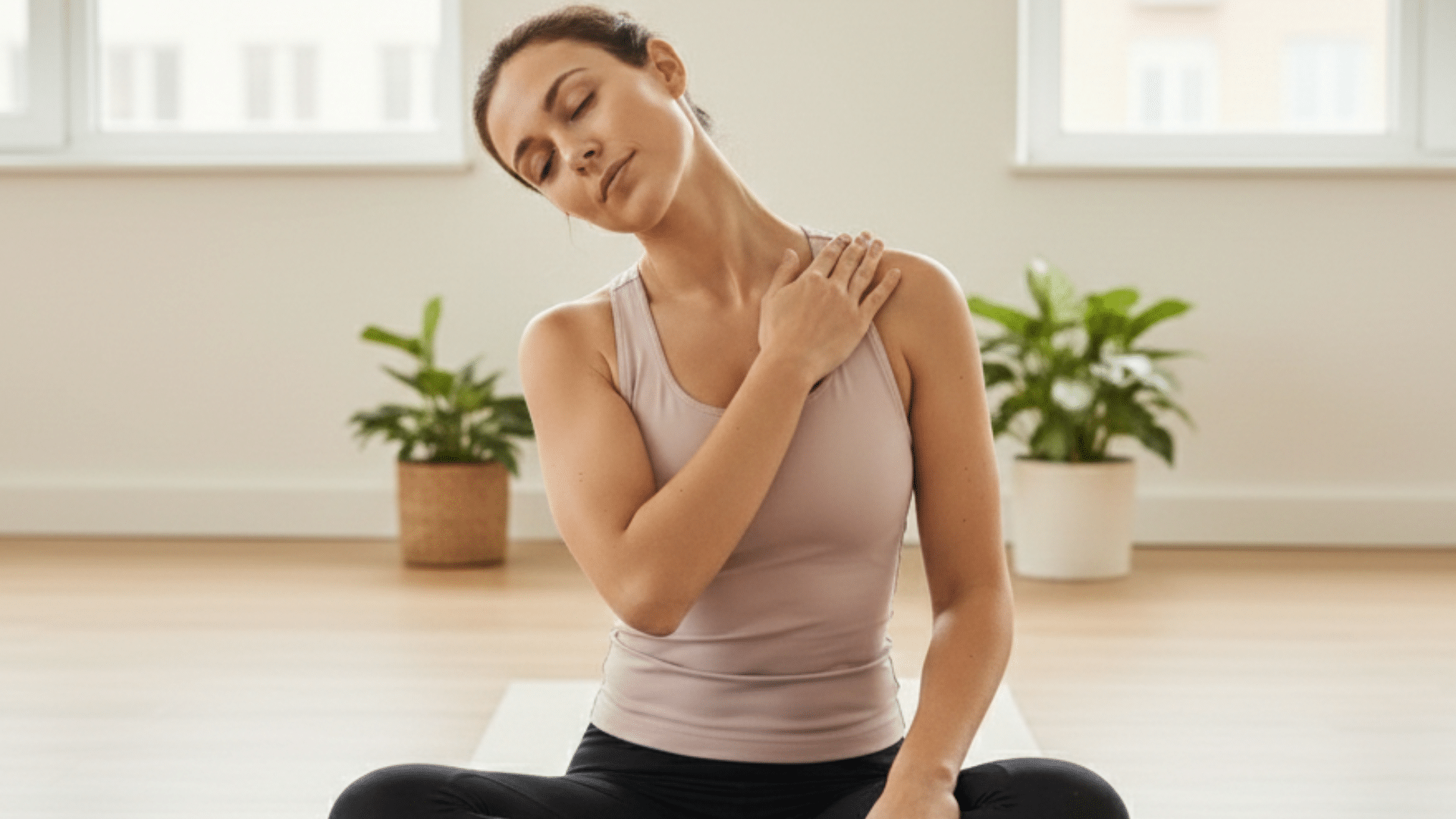 woman tilts her head while applying gentle pressure to her upper trapezius muscle for a self-massage release technique