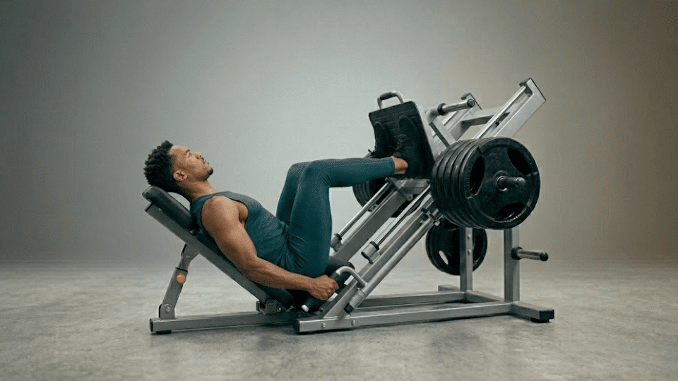 a fit man with short curly hair performing machine assisted leg press in a gym studio.