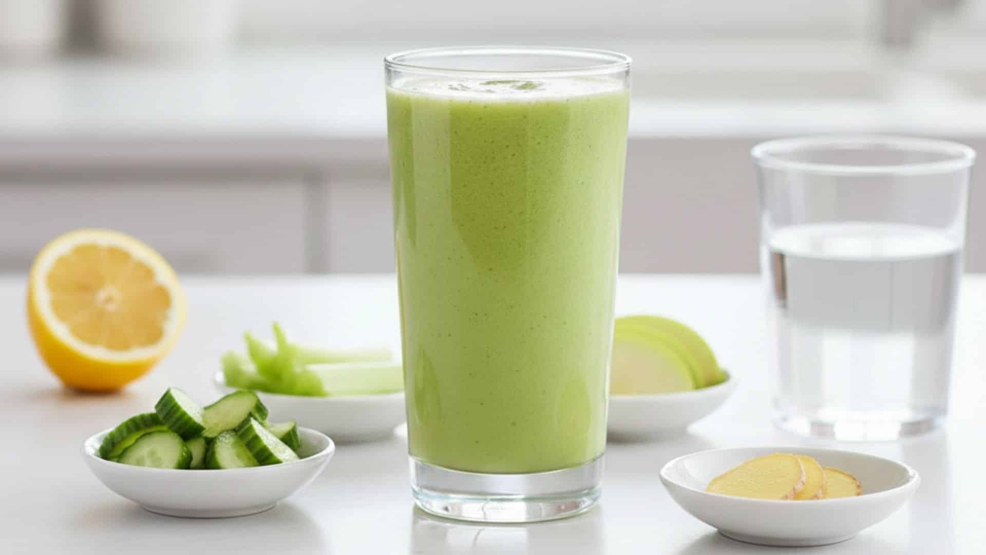 a glass of green cucumber apple smoothie with bowls of lemon, celery, ginger, and water nearby