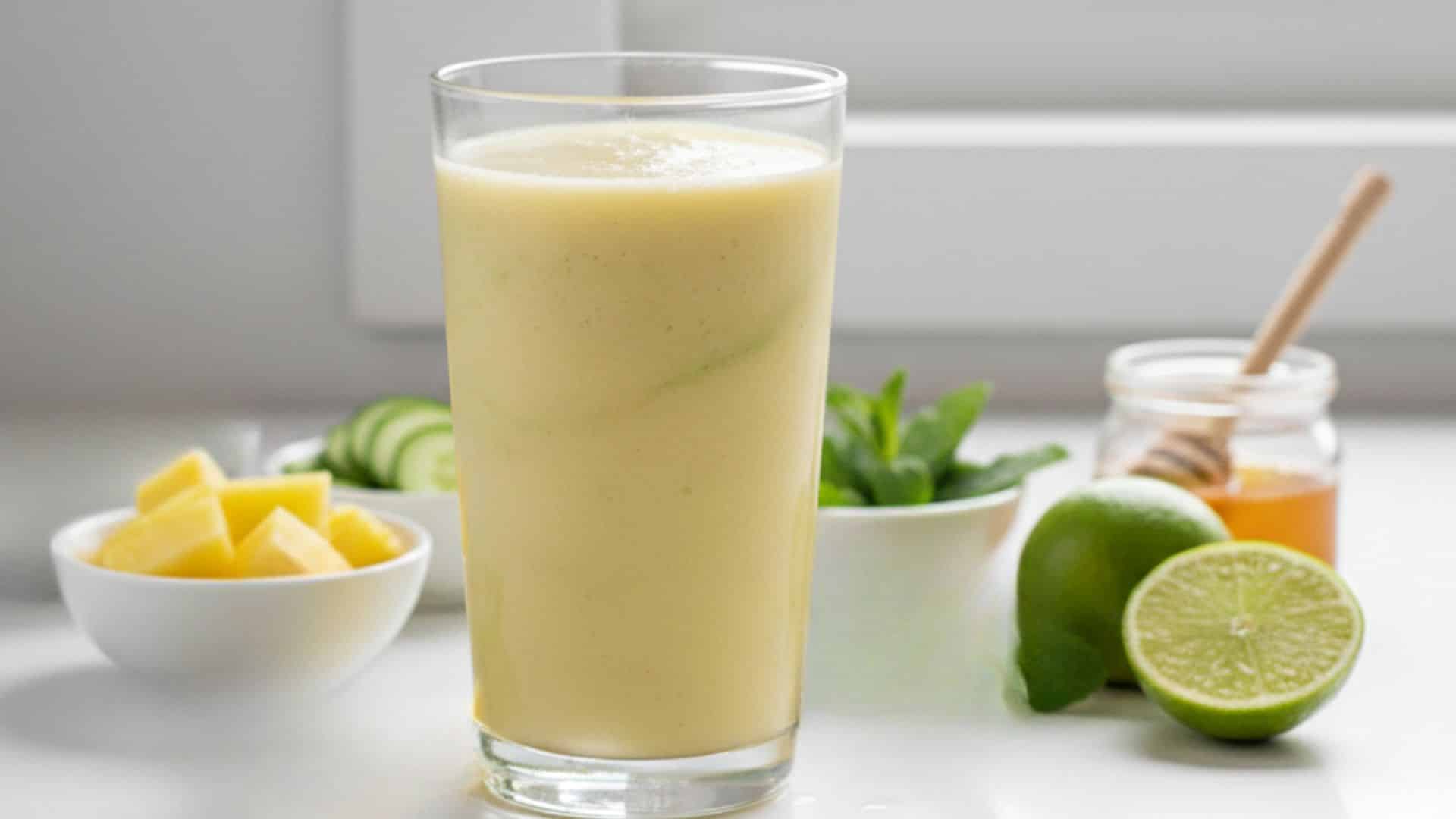 _a glass of pineapple mint smoothie with bowls of pineapple, cucumber, mint, lime, and honey nearby