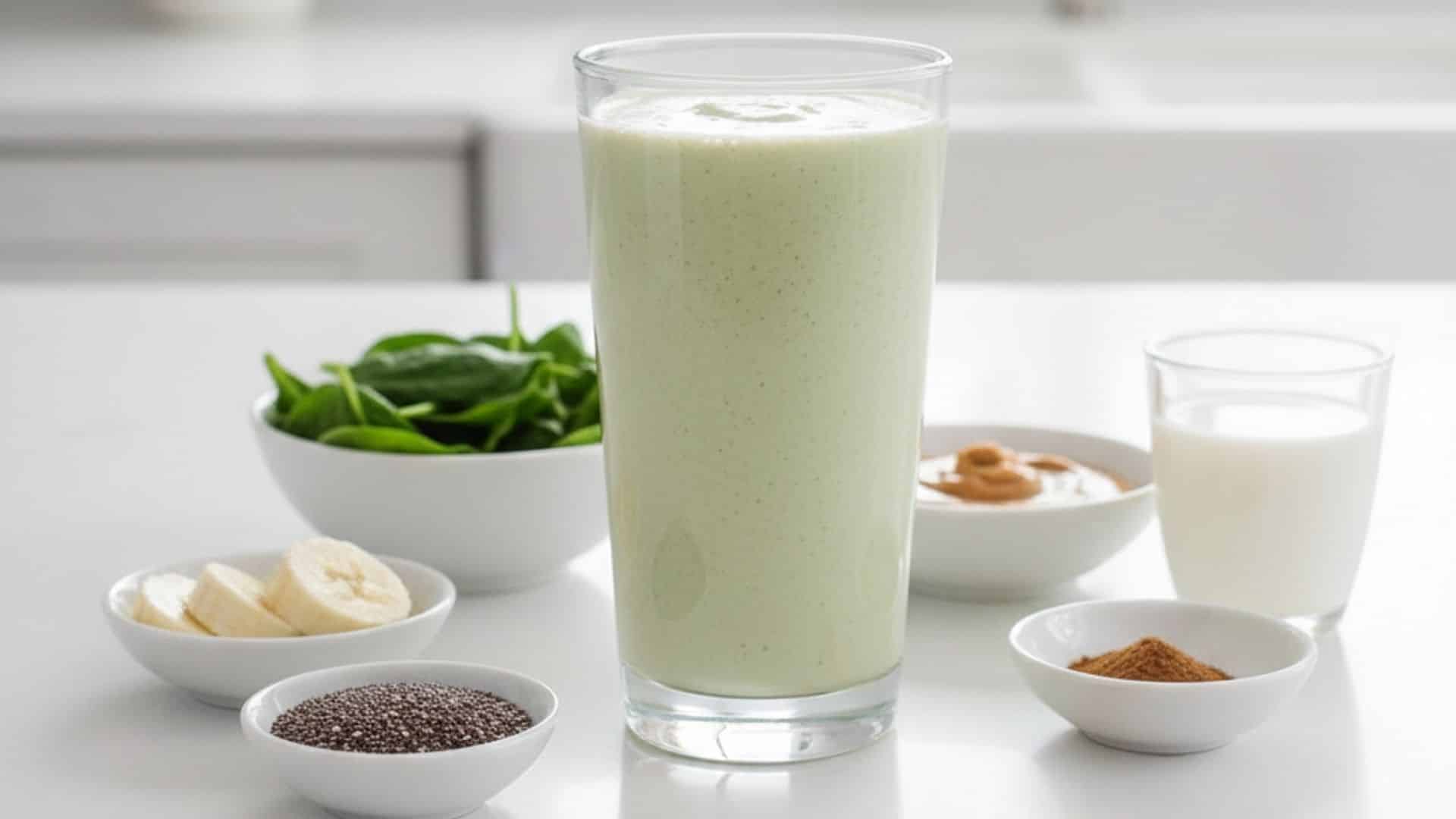 a glass of spinach banana smoothie with bowls of chia seeds, almond butter, cinnamon, and oat milk