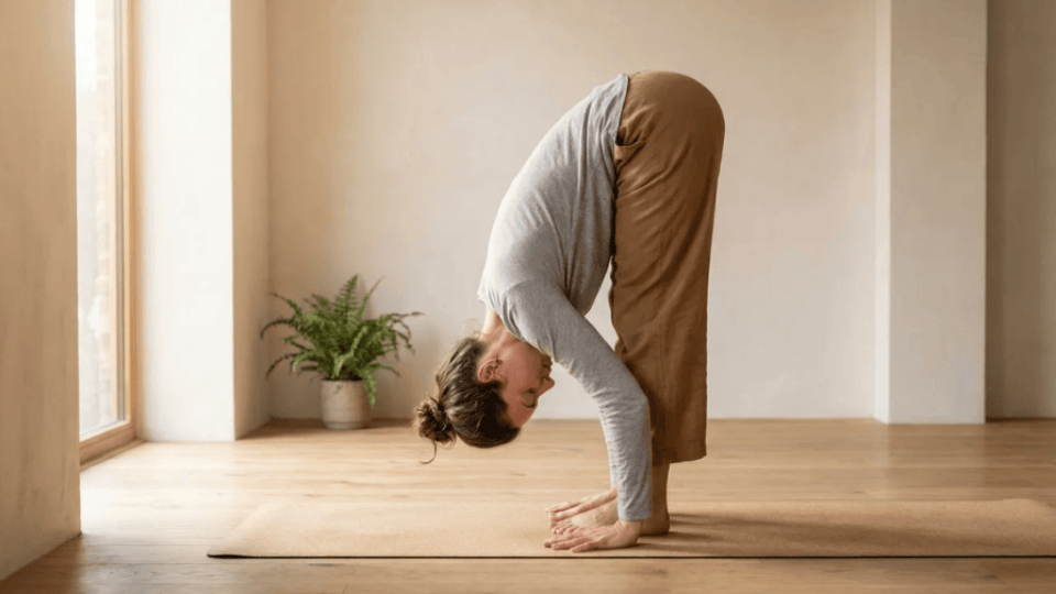 A person folds deeply in Standing Forward Bend, hands resting near the feet, creating a calm stretch in a warm quiet room