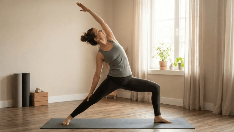 A person holds Reverse Warrior Pose with one arm reaching upward, chest open and legs strong in a wide lunge stan