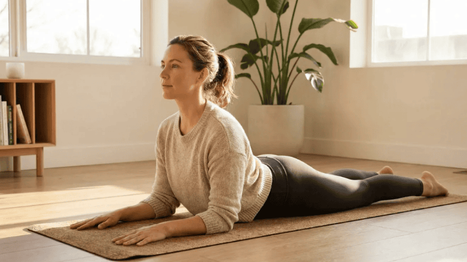 A woman relaxes in Sphinx Pose with chest lifted and forearms grounded enjoying a gentle stretch in warm sunlight