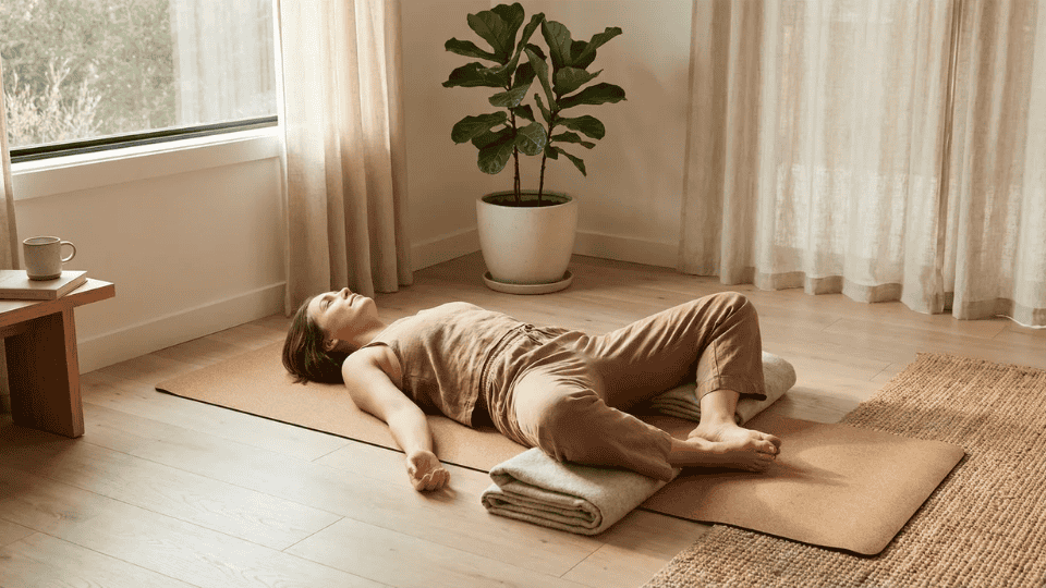 A woman rests in Reclining Bound Angle Pose with knees open and chest relaxed in a soft, sunlit room