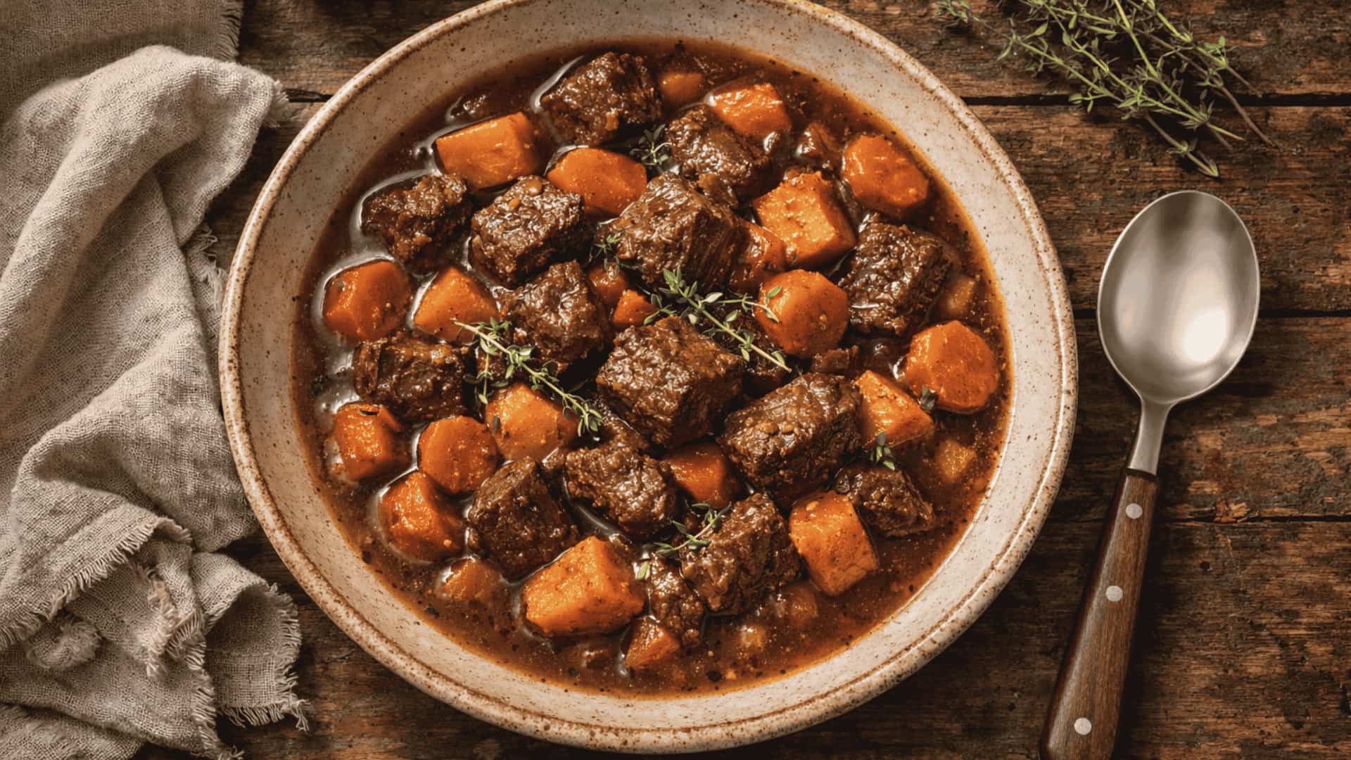 beef and sweet potato stew with carrots in rich dark broth served in rustic ceramic bowl with fresh thyme garnish