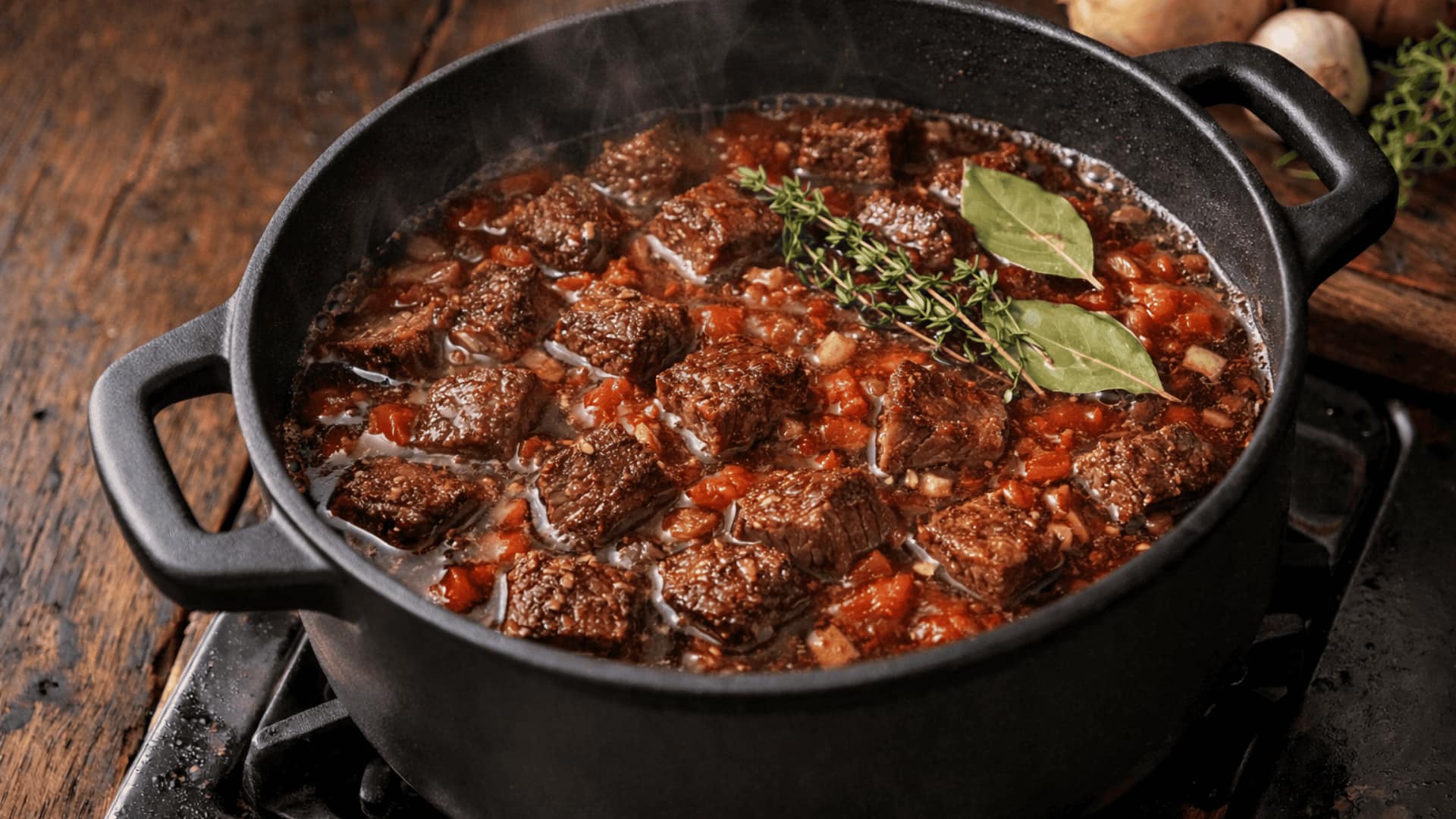 beef chunks simmering in rich tomato broth with fresh thyme sprigs and bay leaves in a cast iron pot
