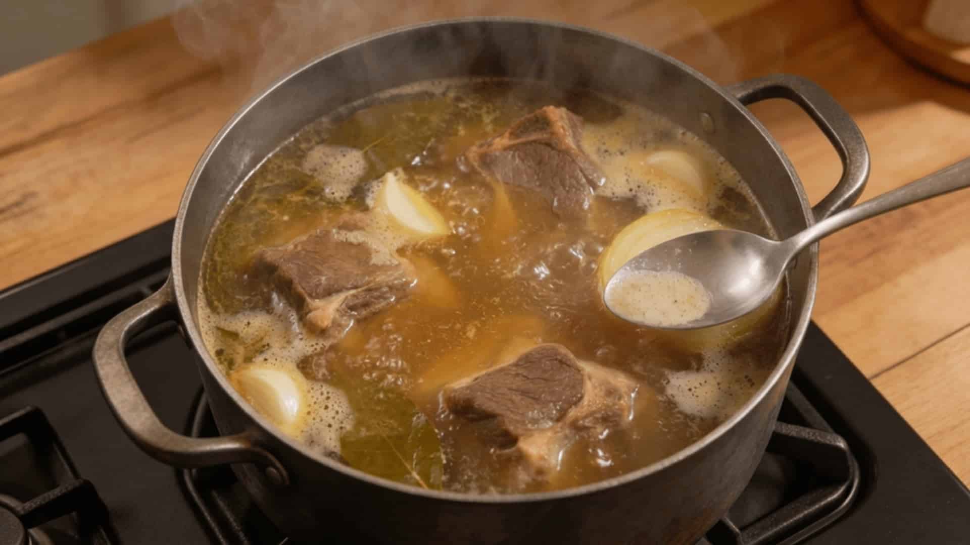 beef shank simmering in golden bone broth with small bubbles and foam being skimmed from the surface