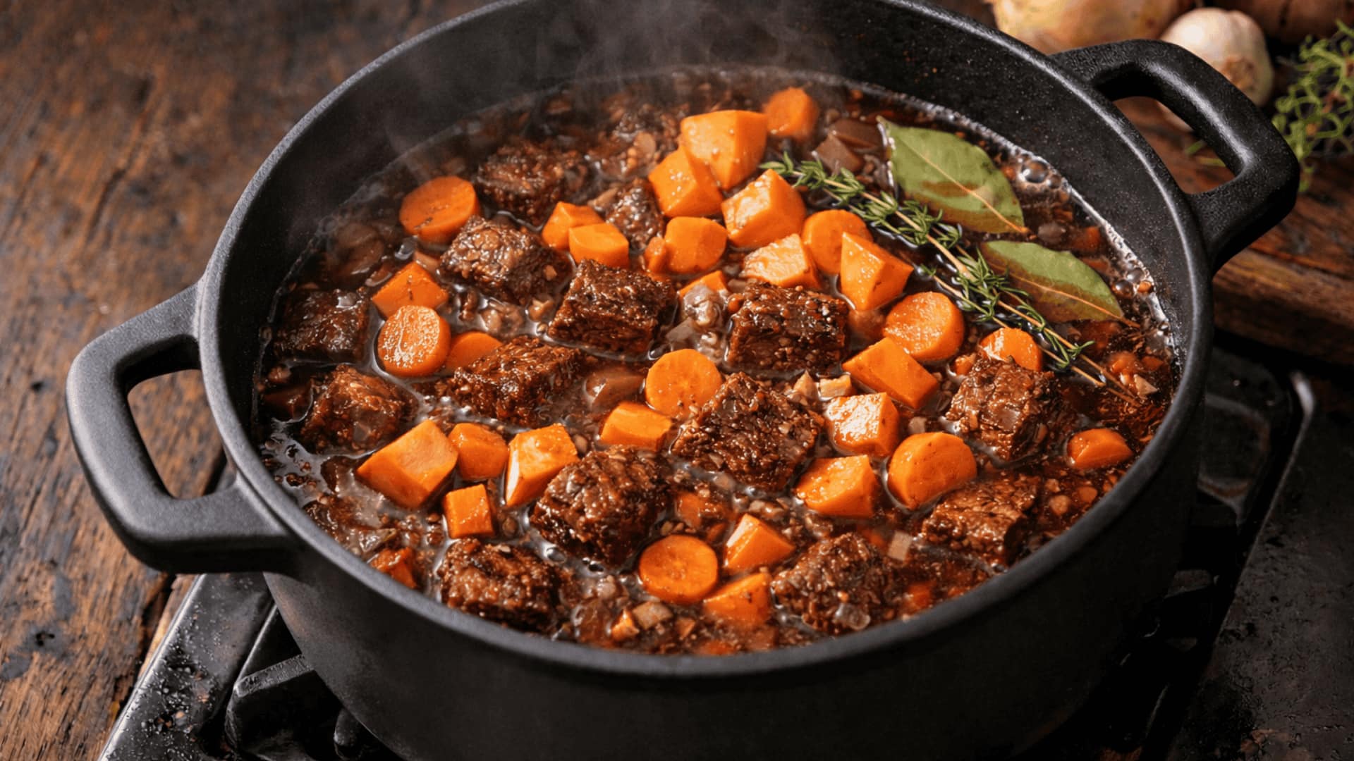 beef stew with carrots and sweet potato chunks simmering in dark broth with thyme and bay leaves in cast iron pot