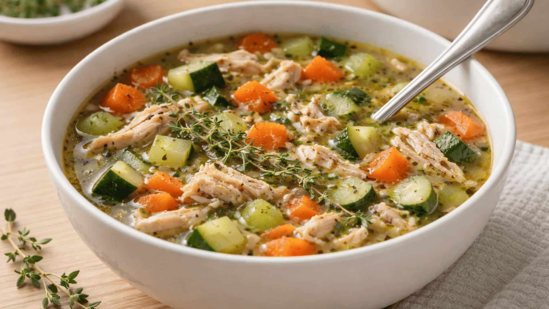bowl of chicken vegetable soup with shredded chicken zucchini carrots herbs and spoon on wooden table