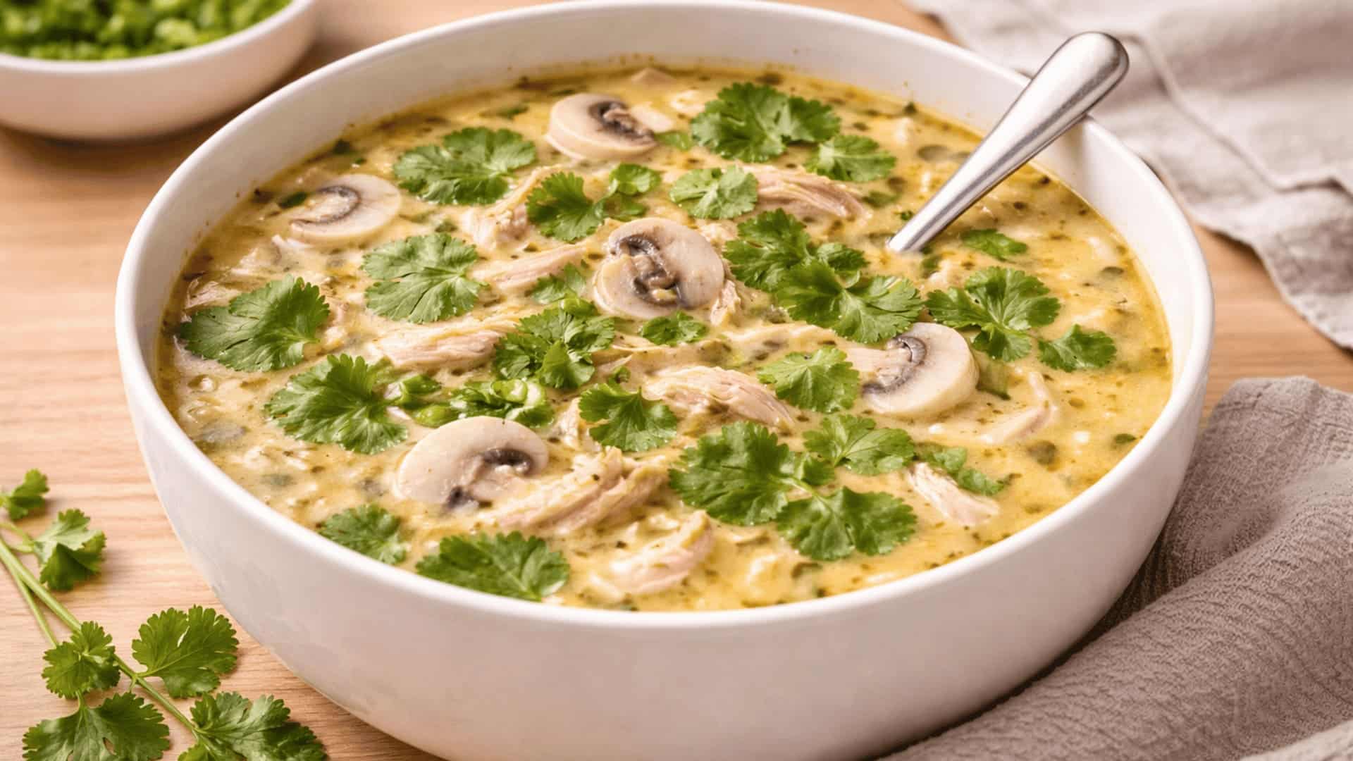 bowl of creamy chicken soup with shredded chicken mushrooms herbs and spoon on wooden table