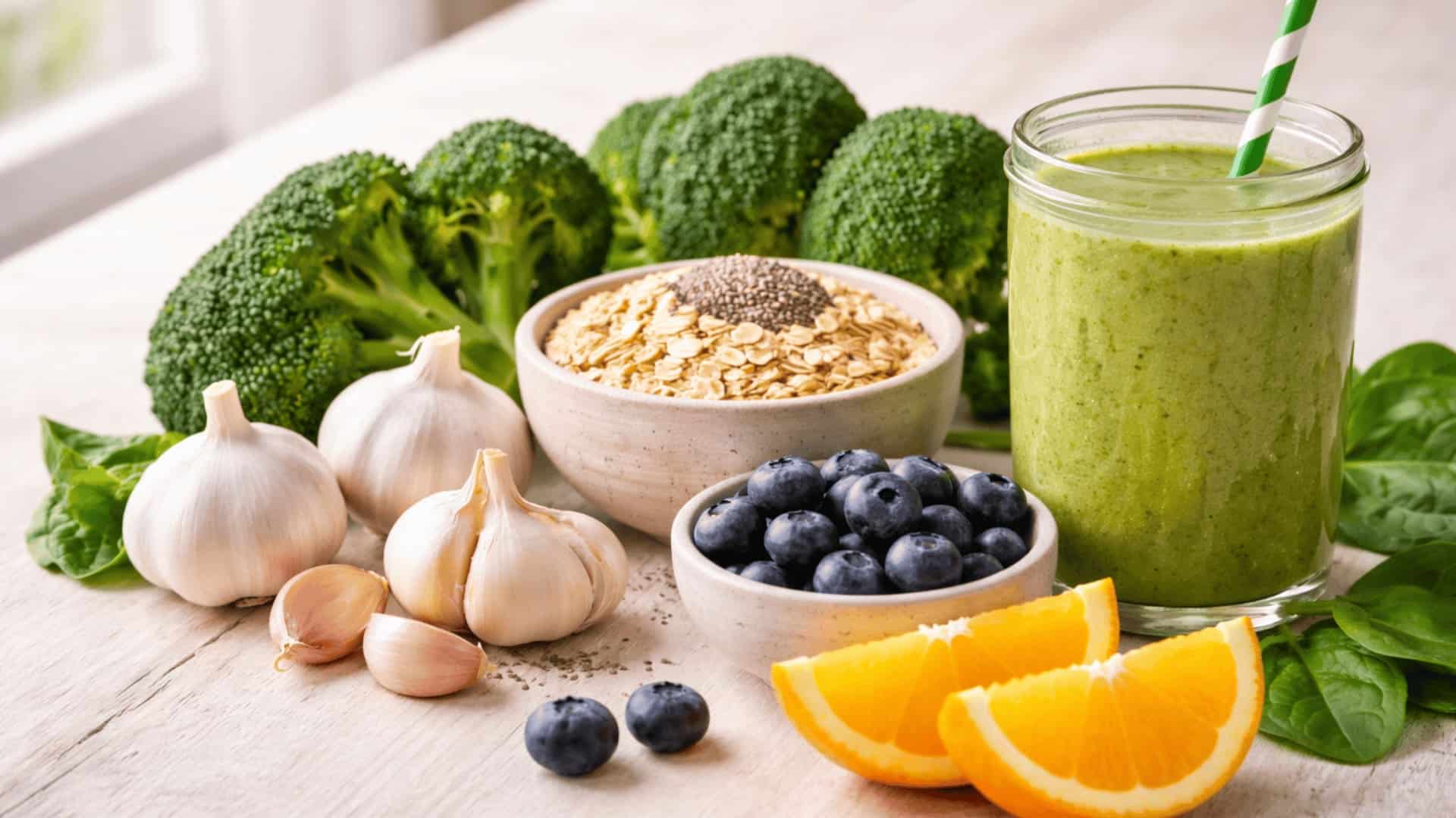 broccoli, garlic, oats, orange slices, blueberries, and green smoothie on wooden table in natural light