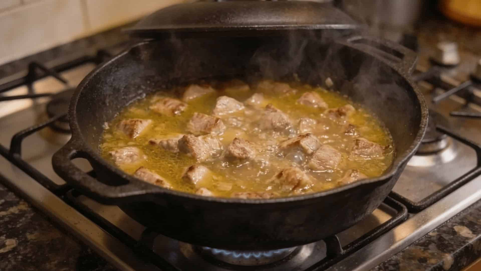 browned pork cubes simmering in golden chicken bone broth with coconut aminos in a covered pot