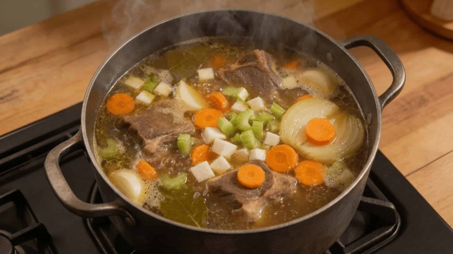 carrots, celery, and turnips added to simmering amber bone broth with beef shank in a black cast iron pot