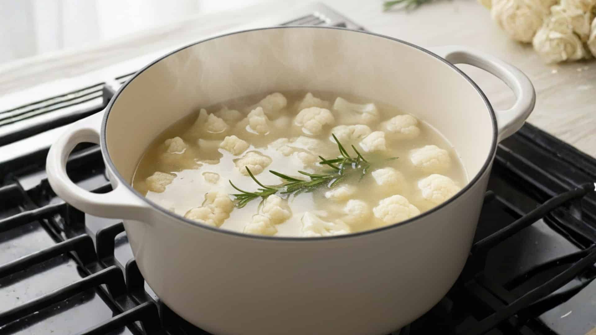 cauliflower florets and a rosemary sprig simmering in broth in a white enameled dutch oven on a stove (1)