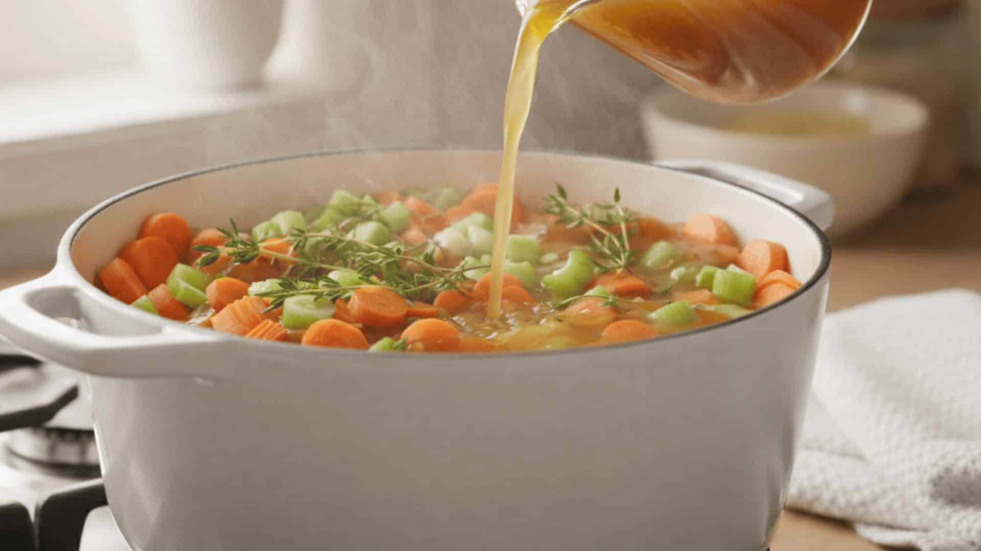 chicken broth being poured into a white dutch oven filled with carrots, celery, and thyme