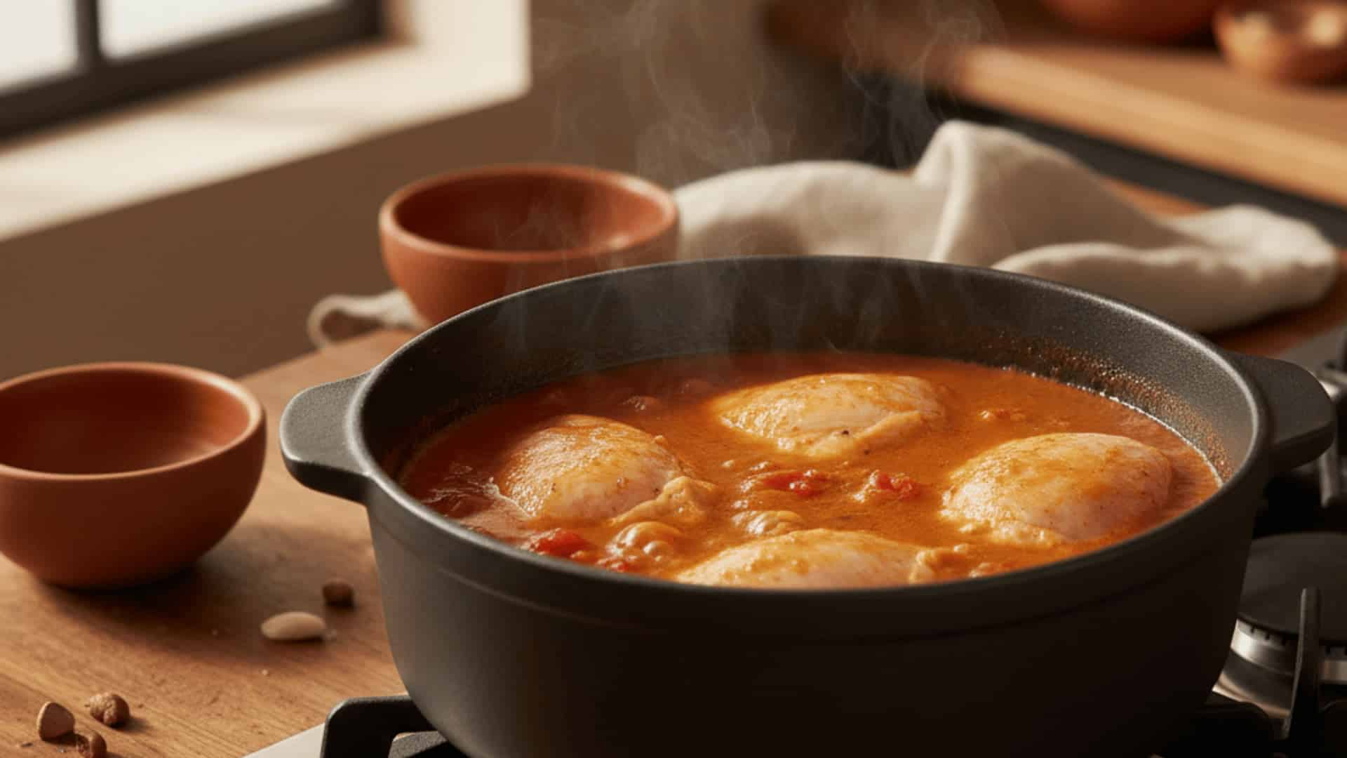 chicken thighs simmering in a rich spiced tomato broth in a steaming dark pot on a gas stove