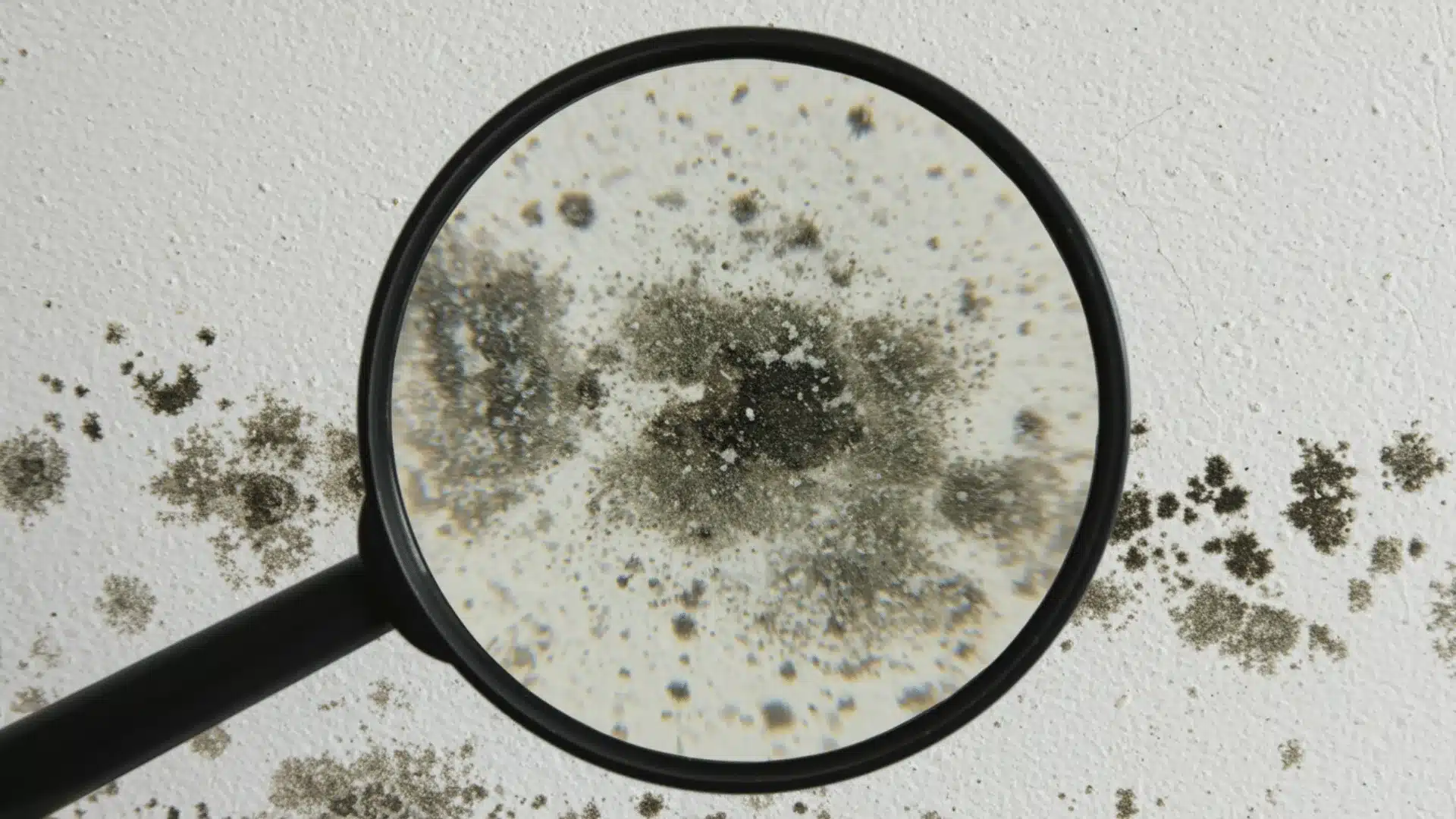 close-up shot shows a magnifying glass held by a hand, focusing on a patch of mold on a white wall (1)