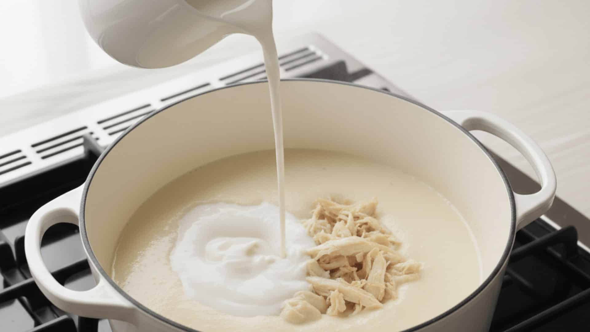 coconut milk being poured into a white dutch oven with shredded chicken in a creamy broth on a stove