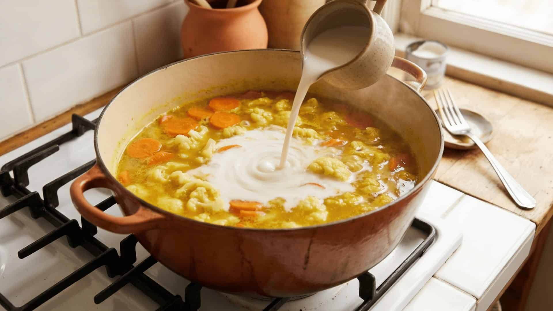 coconut milk poured into golden turmeric vegetable soup in a terracotta dutch oven over low heat