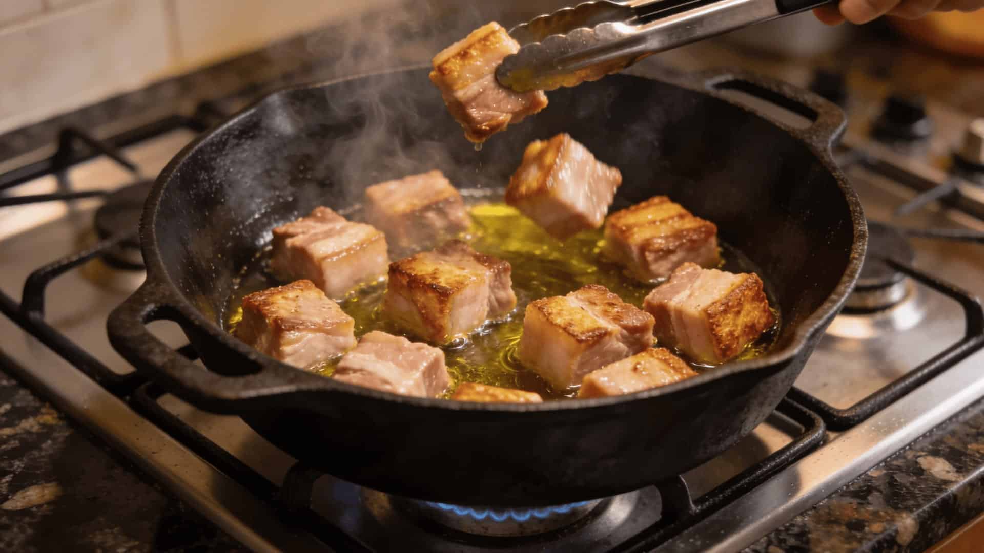 cubed pork shoulder searing in a cast iron pot over high heat until golden brown on all sides